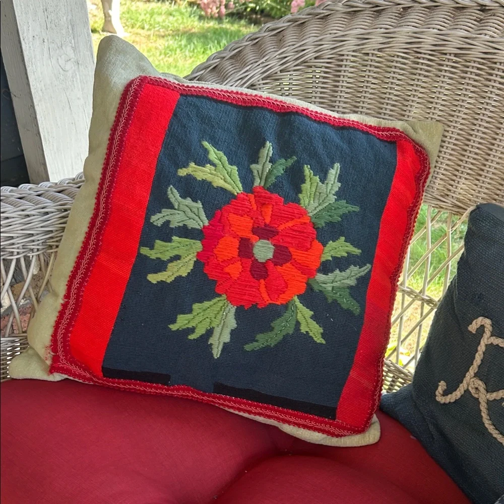 Vintage Handmade Floral Red and Green Needlepoint Holiday Pillow